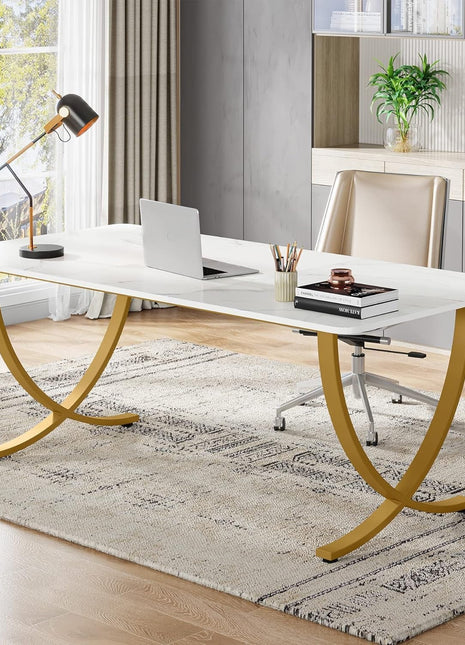 Executive Desk, 63” W X 31.5” D Large Office Desk, Modern Computer Desk Conference Table Meeting Room Table, Business Furniture for Home Office, White and Gold-0