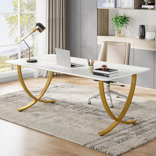 Executive Desk, 63” W X 31.5” D Large Office Desk, Modern Computer Desk Conference Table Meeting Room Table, Business Furniture for Home Office, White and Gold-0