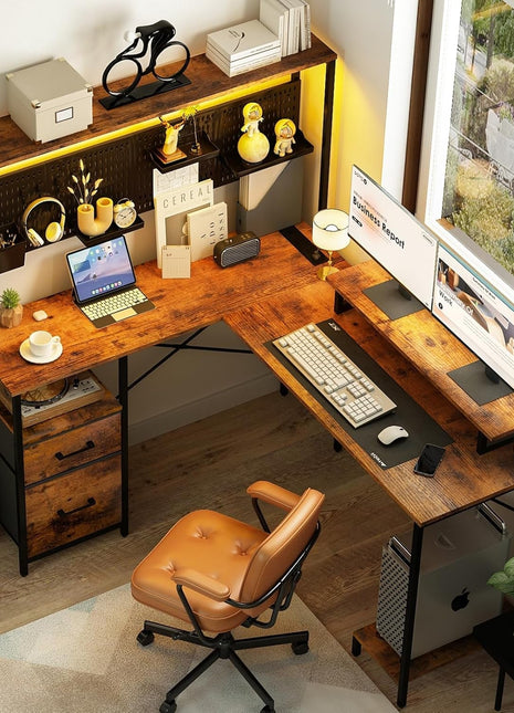 L Shaped Desk with Pegboard, Reversible Computer Desk with Drawers & Storage Shelves, Gaming Desk with LED Lights & Power Outlets, Office Desk with Monitor Stand Corner Desk Home Office Desks-0