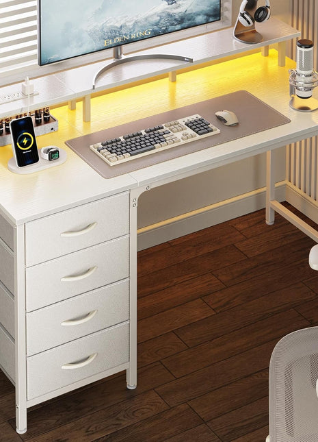 47 Inch Computer Desk with Power Outlets and LED Lights, Gaming Desk with 4 Drawers, Office Desk with Monitor Stand, Study Desk Work Desk for Home Office, Small Spaces, White-0
