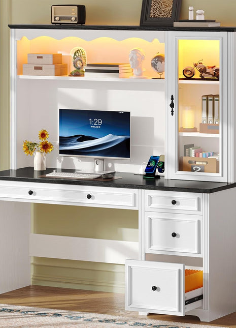 Executive Desk with Hutch and Drawers, Farmhouse Wood Computer Desk with Power Outlet & LED Lights, Home Office Desks with Storage Shelves, Storage Cabinet with Glass Door, White & Black-2