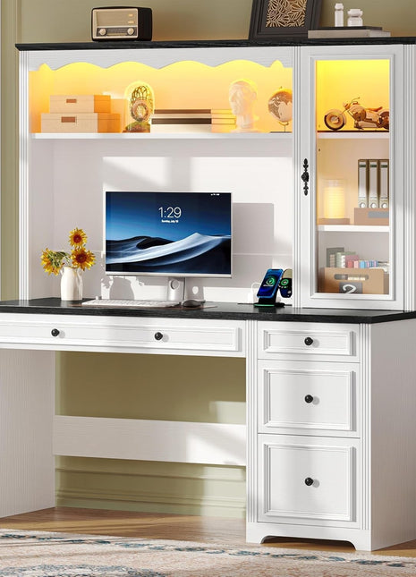 Executive Desk with Hutch and Drawers, Farmhouse Wood Computer Desk with Power Outlet & LED Lights, Home Office Desks with Storage Shelves, Storage Cabinet with Glass Door, White & Black-0