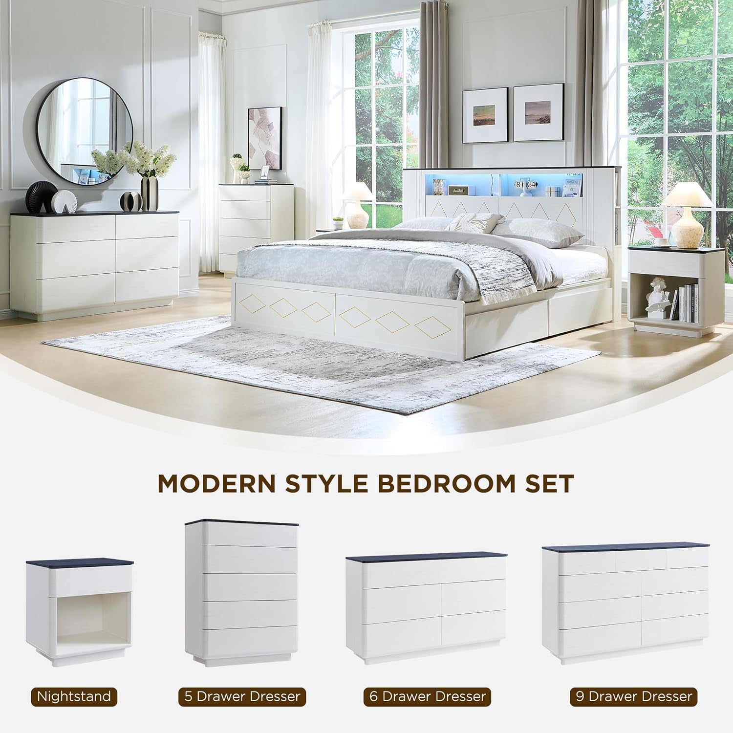 Modern style bedroom set with furniture pieces displayed below.