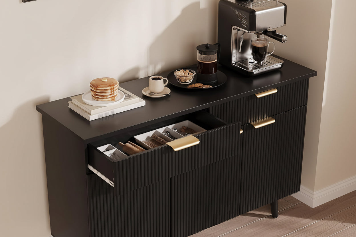 Black console table with coffee-making setup and text highlighting features