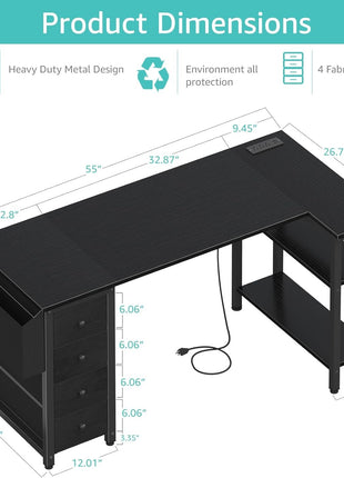 L Shaped Gaming Desk with Drawers & Storage Shelves, 55 Inch Corner Computer Desk with Power Outlet for Home Office Bedroom, L-Shaped Teen PC Desks with Fabric Drawer, Black-2