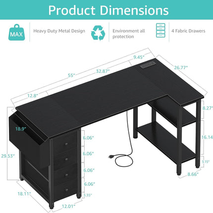 L Shaped Gaming Desk with Drawers & Storage Shelves, 55 Inch Corner Computer Desk with Power Outlet for Home Office Bedroom, L-Shaped Teen PC Desks with Fabric Drawer, Black-2