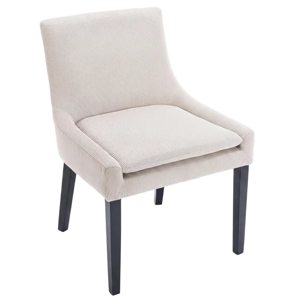 Beige upholstered chair with black legs on a white background