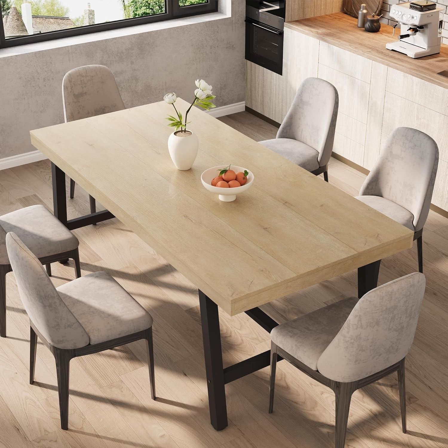 Dining table with chairs in a modern kitchen setting