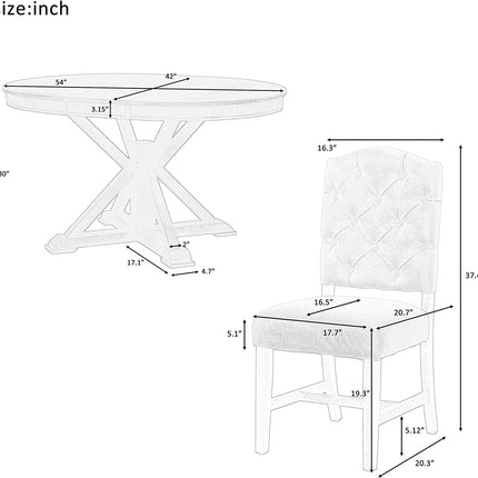 Measurement chart of a round table and a chair with dimensions in inches.