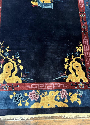 Antique Chinese Peking Rug 3x6, Dark Blue, Bird Motif, Handmade Wool Art Deco Asian Oriental Carpet, Pair B-4