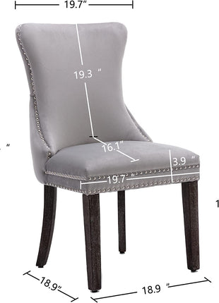 Set of 2 Light Gray Velvet Tufted Wingback Dining Side Chairs, Nailhead, Solid Wood Legs-2