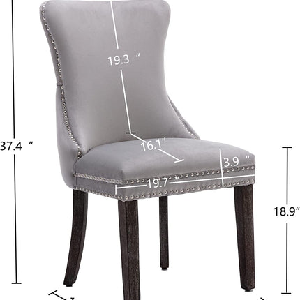 Set of 2 Light Gray Velvet Tufted Wingback Dining Side Chairs, Nailhead, Solid Wood Legs-2