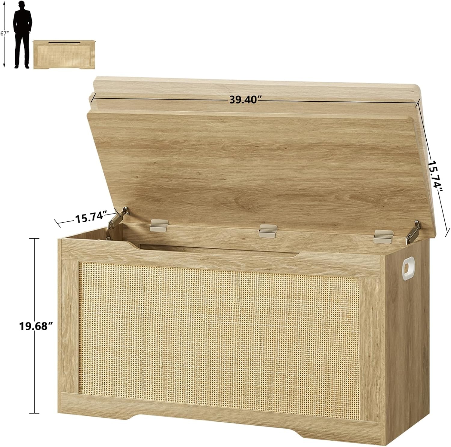 Wooden storage bench with dimensions displayed on a white background