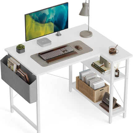 L Shaped Desk, 40 Inch Computer Desk with Reversible Storage Shelves Home Office Corner Desk Study Writing Table, White-0