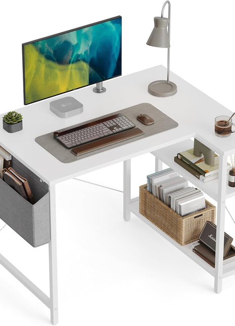 L Shaped Desk, 40 Inch Computer Desk with Reversible Storage Shelves Home Office Corner Desk Study Writing Table, White-0