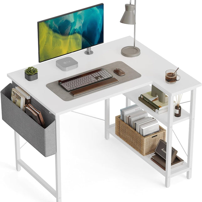 L Shaped Desk, 40 Inch Computer Desk with Reversible Storage Shelves Home Office Corner Desk Study Writing Table, White-0