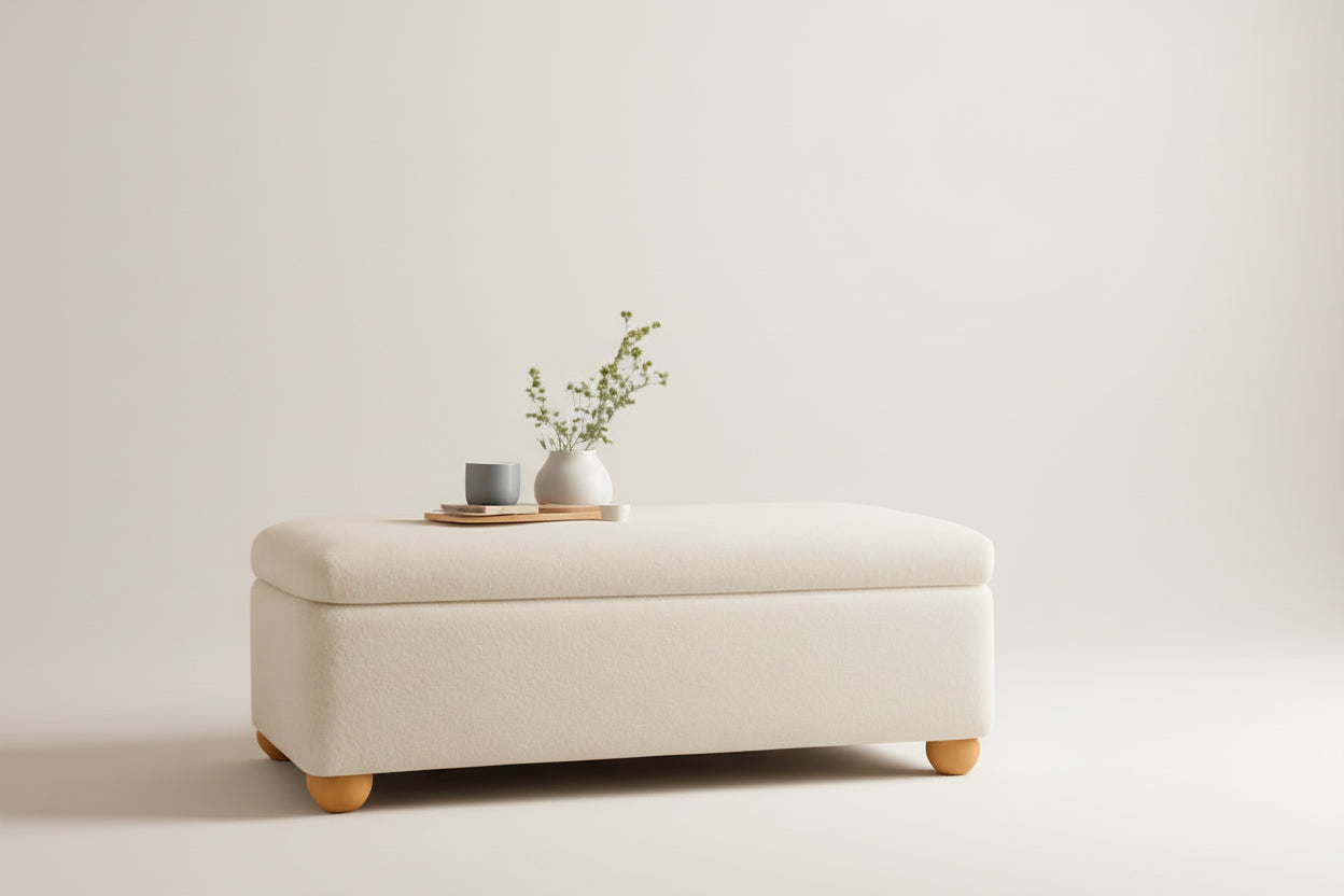 Beige storage ottoman with a small plant and cup on top in a room with a warm color scheme.
