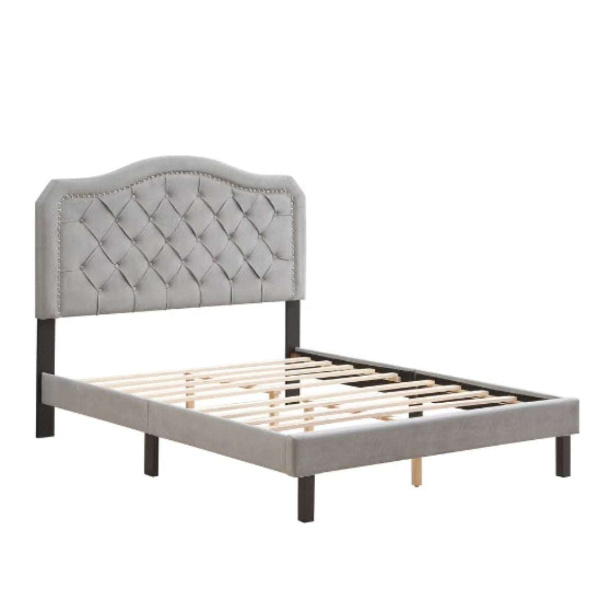 Gray tufted bed frame with wooden slats on a white background