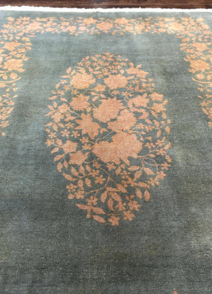 Teal Chinese Wool Rug 6x8, Vintage Handmade Carpet, Floral, Semi Open Field-3