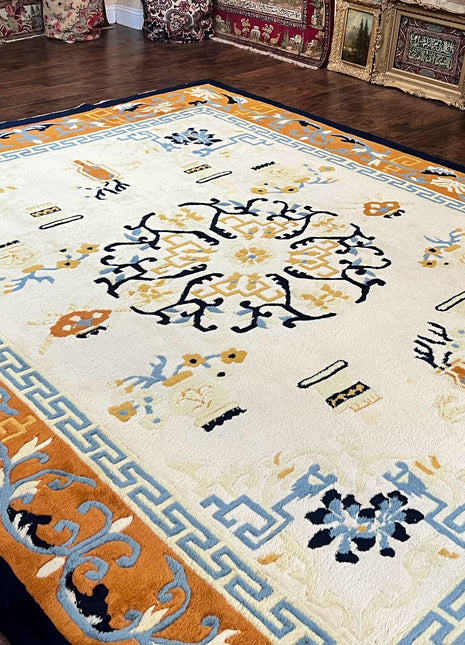 Indo Chinese Rug 9x12, Asian Oriental Carpet 9 x 12, Cream & Burnt Orange, Handmade Wool Vintage Art Deco Rug-1