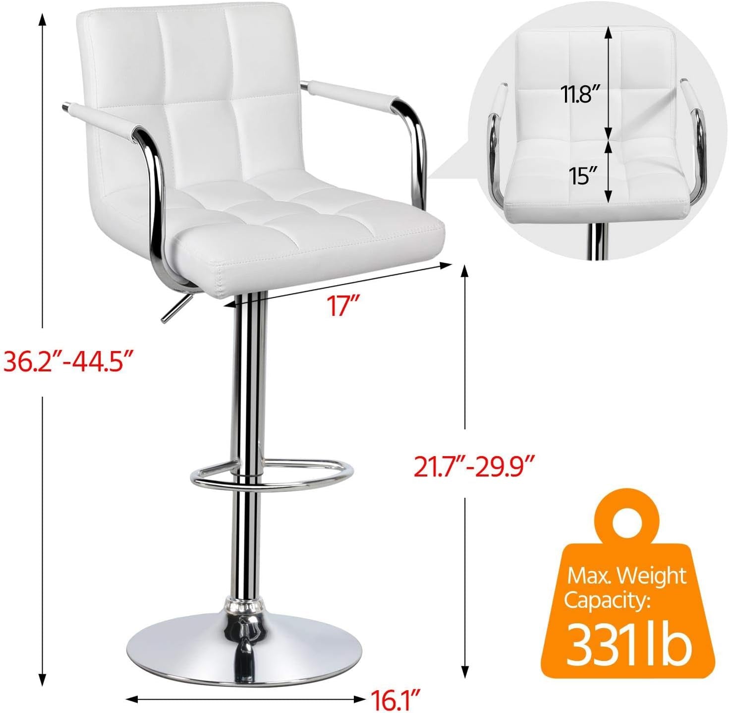 White bar stool with dimensions and weight capacity label on a white background