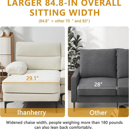 85” Convertible Sectional Sofa Couch, 3 Seat Sofa for Living Room L-Shaped Modern Chenille Fabric Modular Sofa Reversible Wide Chaise & Fluffy Armrests for Apartment (Beige)