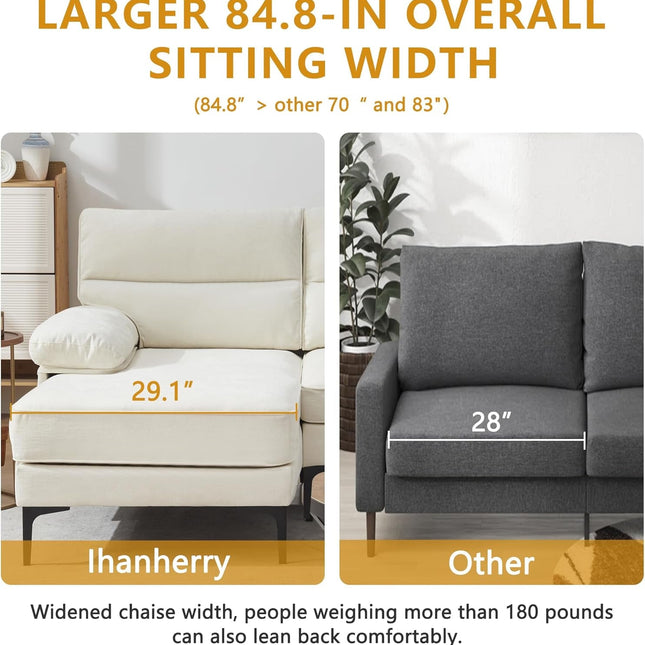 85” Convertible Sectional Sofa Couch, 3 Seat Sofa for Living Room L-Shaped Modern Chenille Fabric Modular Sofa Reversible Wide Chaise & Fluffy Armrests for Apartment (Beige)