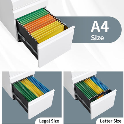 3 Drawer File Cabinet with Lock, File Cabinets for Home Office,Under Desk Cabinet, Locking File Cabinet for A4/Letter/Legal, Fully Assembled Expect Casters, Matte White