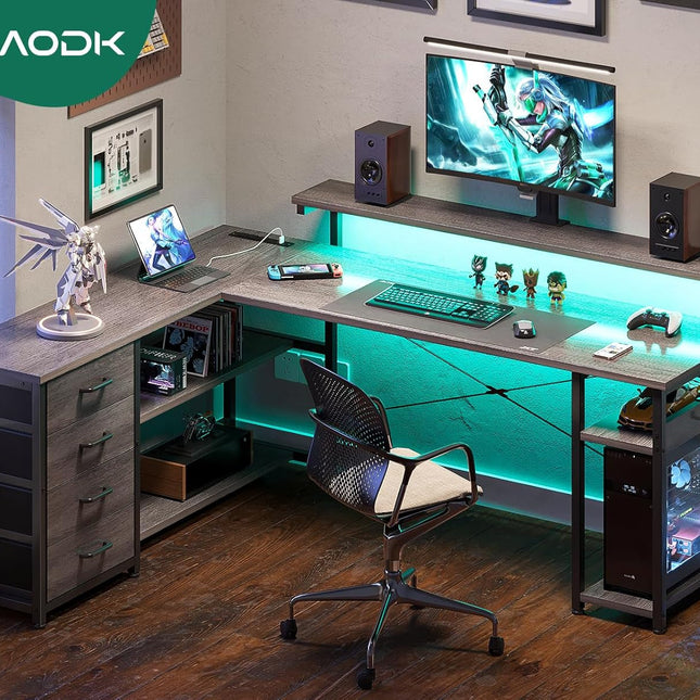 61" L Shaped Desk with Drawer, Computer Desk with Power Outlets & LED Lights, Reversible Corner Gaming Desk for Home Office Workstation, Office Desk with Monitor Shelf, Gray-1