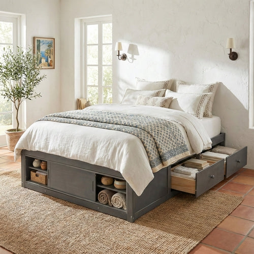 Platform Bed Frame with 4 Storage Drawers and Footboard Storage Cubby,