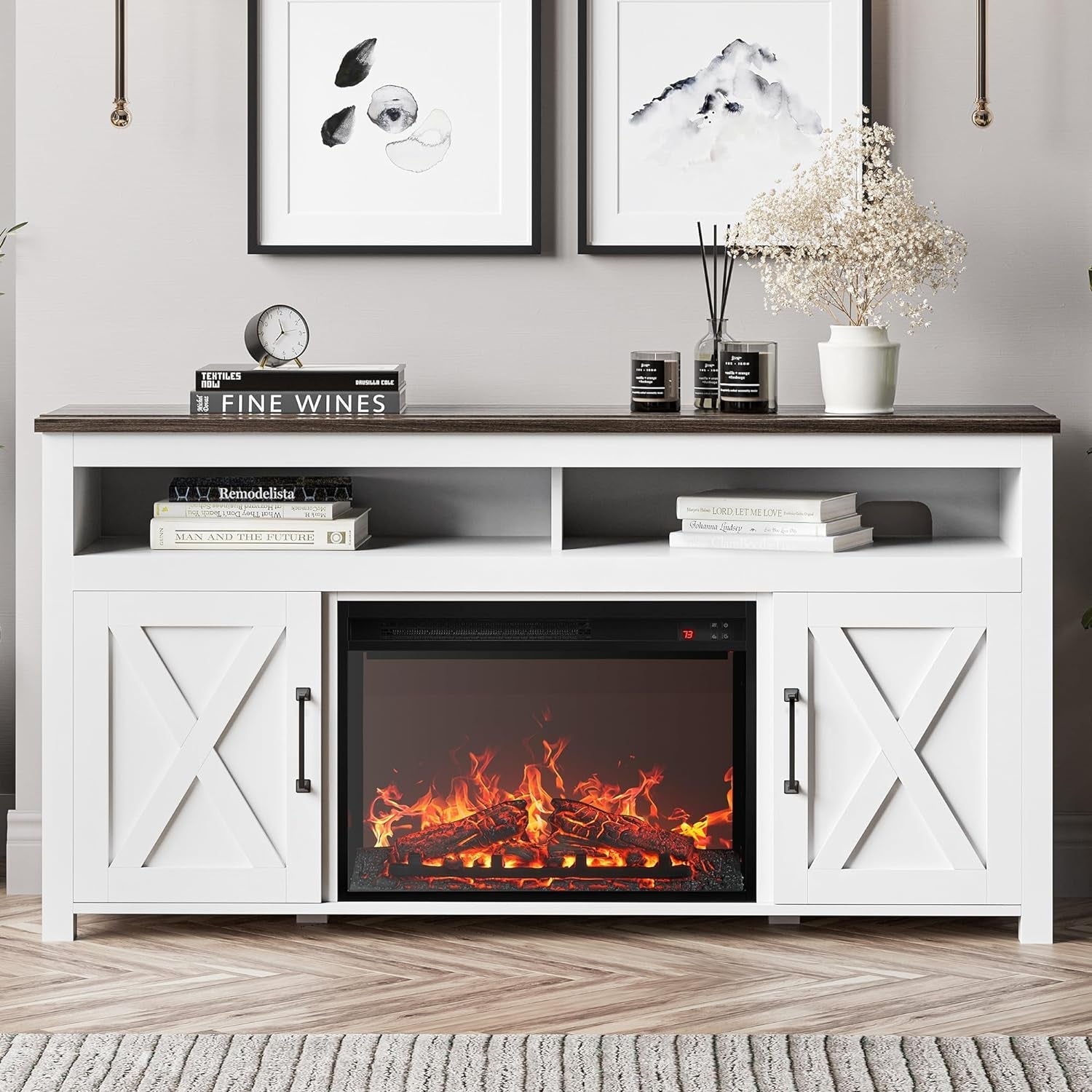 58 Inch White Farmhouse Fireplace TV Stand Cabinet
