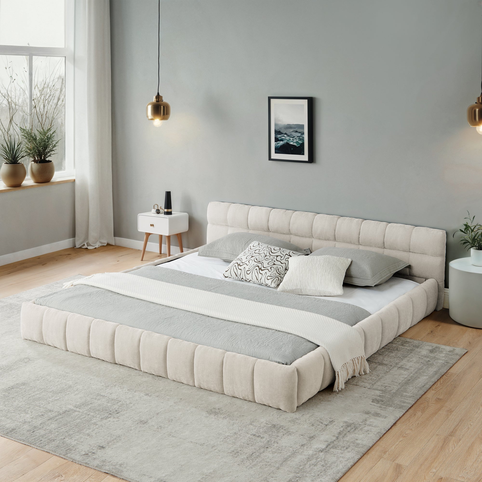 Upholstered Bed Frame with Thick Chenille Fabric, Grounded Platform