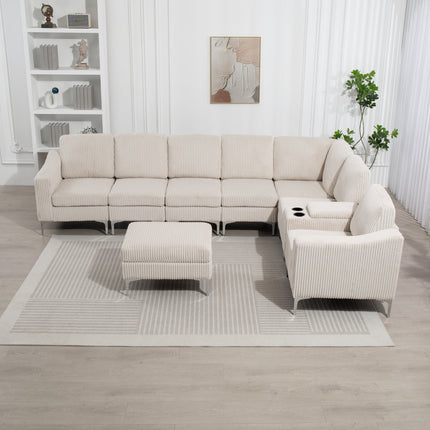 Convertible Sectional Corduroy  Sofa with Storage Ottoman,Cupholders, USB Ports for Living Room Apartment,Beige