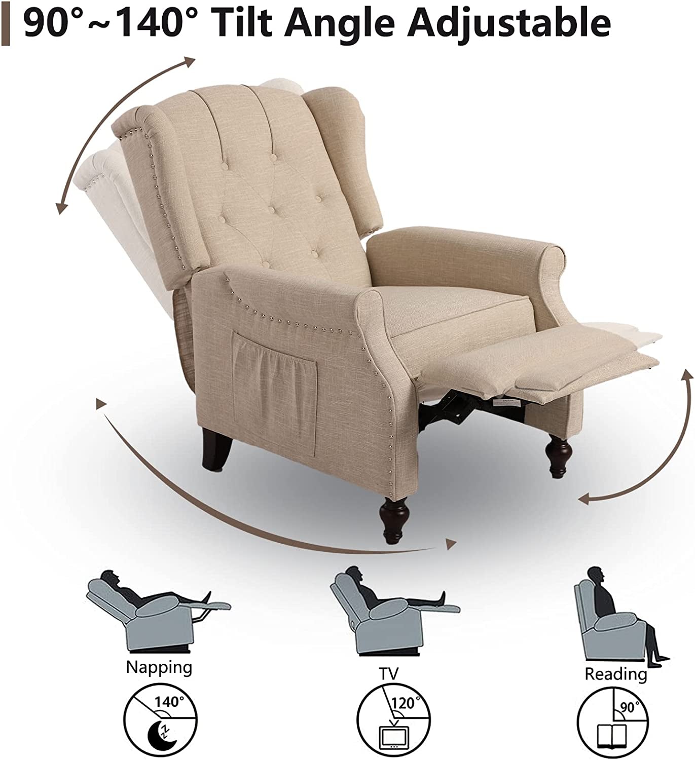 Beige recliner chair with adjustable tilt angle on a white background