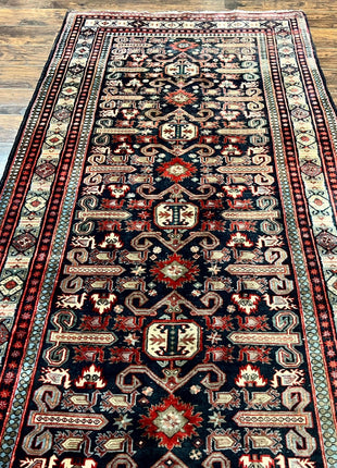 Persian Wide Runner Rug 4.8 x 10, Persian Kalegi Ardabil Rug, Perpedil Caucasian Rug, Antique Handmade Wool Carpet, Navy Blue Red, Tribal Rug-1