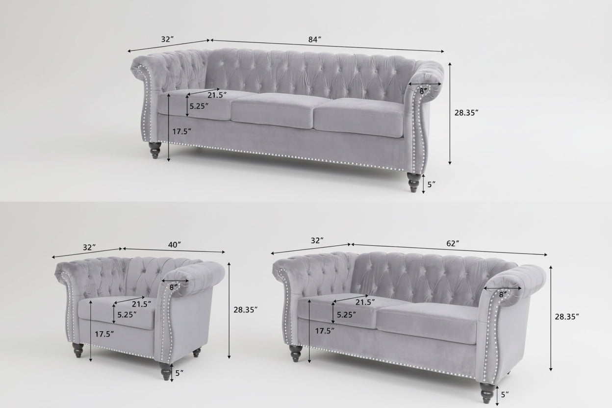 Gray sofa with dimensions labeled on a white background