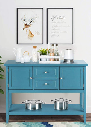 Aqua Wood Buffet Sideboard with Cabinets and Drawers