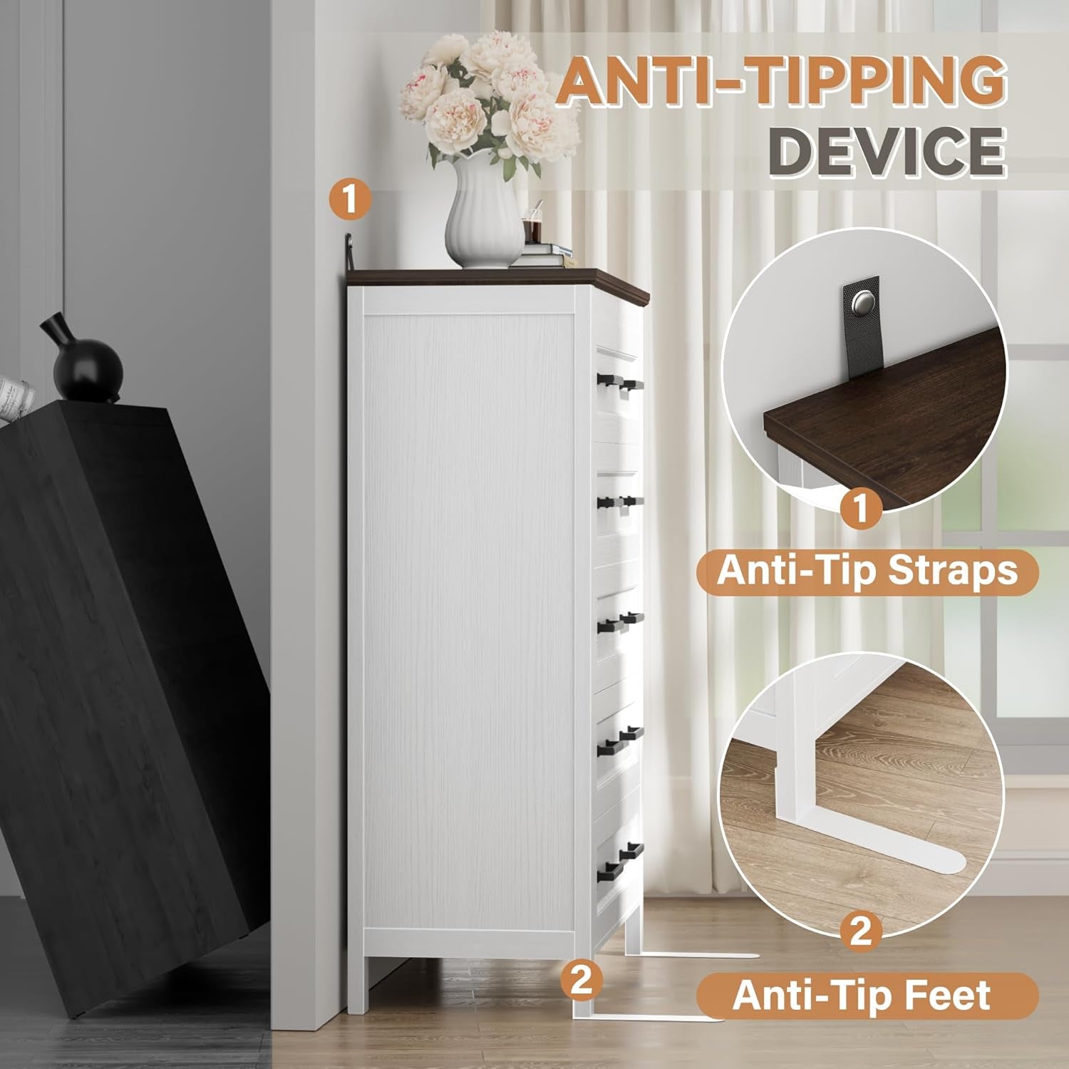 White cabinet with anti-tipping device features highlighted, including straps and feet.