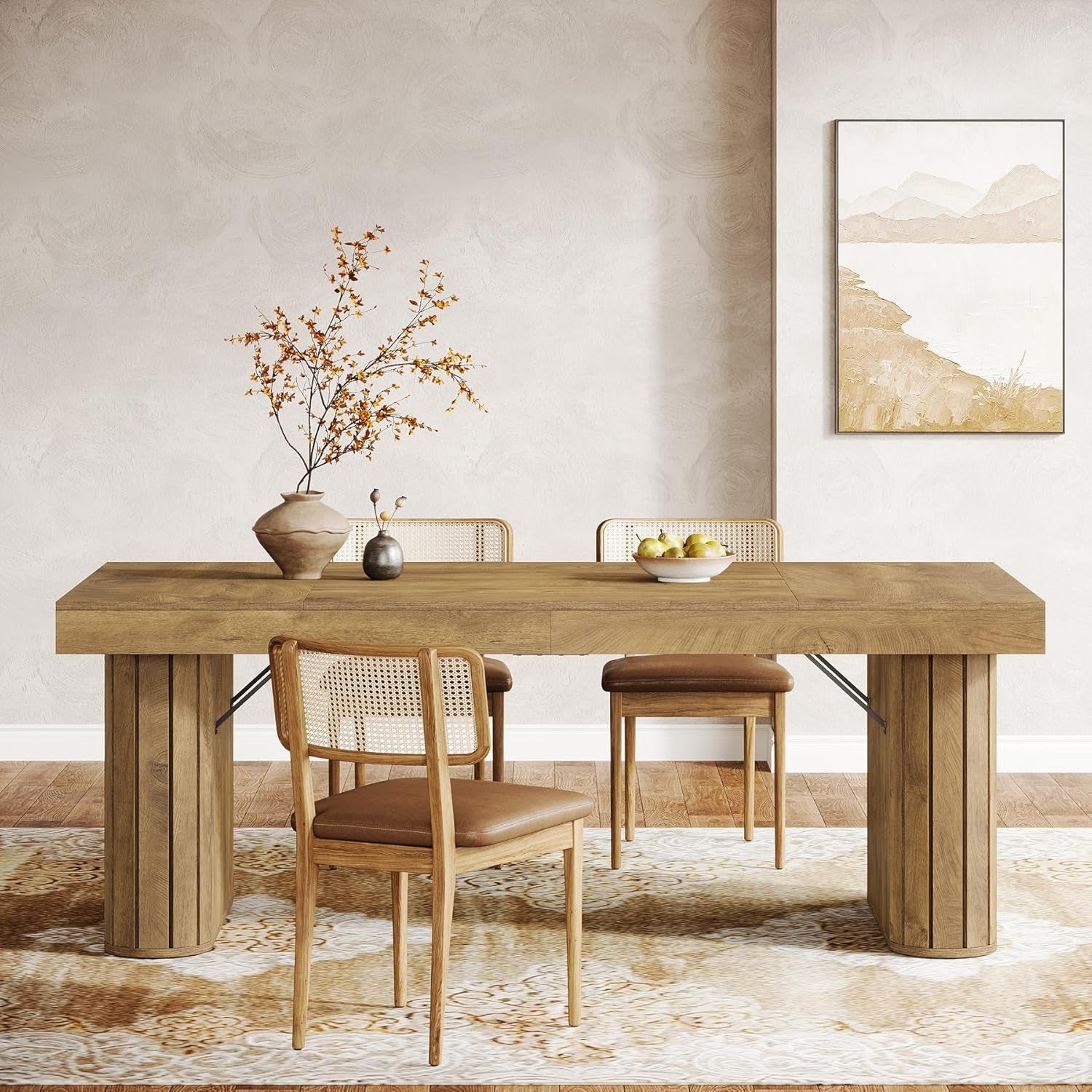Dining room with wooden table and chairs in a neutral setting