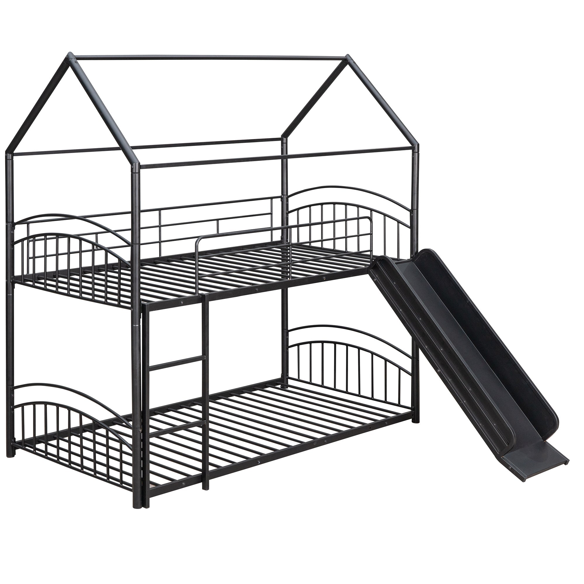 Twin Over Twin Metal Bunk Bed With Slide, Kids House Bed
