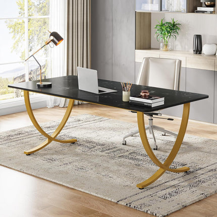 Executive Desk, 63” W X 31.5” D Large Office Desk, Modern Computer Desk Conference Table Meeting Room Table, Business Furniture for Home Office, Black and Gold-0