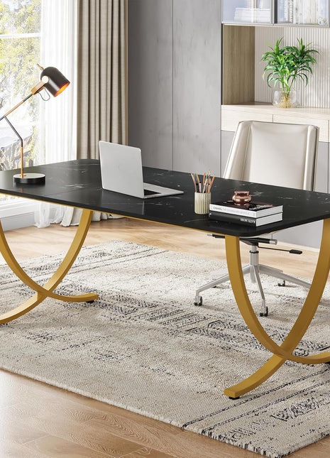 Executive Desk, 63” W X 31.5” D Large Office Desk, Modern Computer Desk Conference Table Meeting Room Table, Business Furniture for Home Office, Black and Gold-0