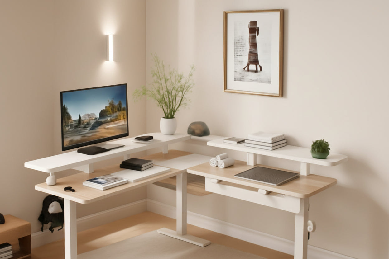 White L-shaped desk with computer setup in a room with beige walls and decor.