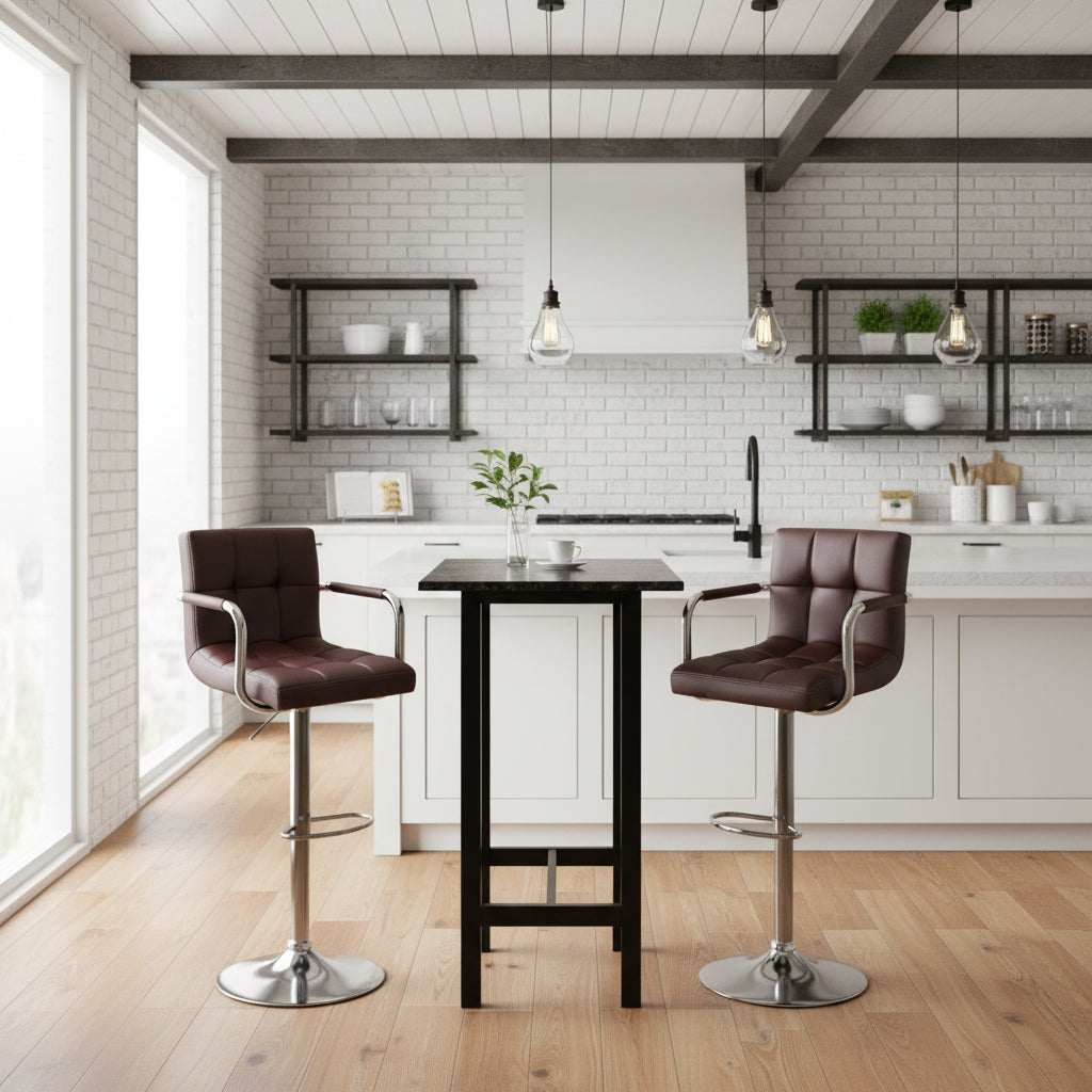 Two brown bar stools with black metal legs in front of a wooden wall.