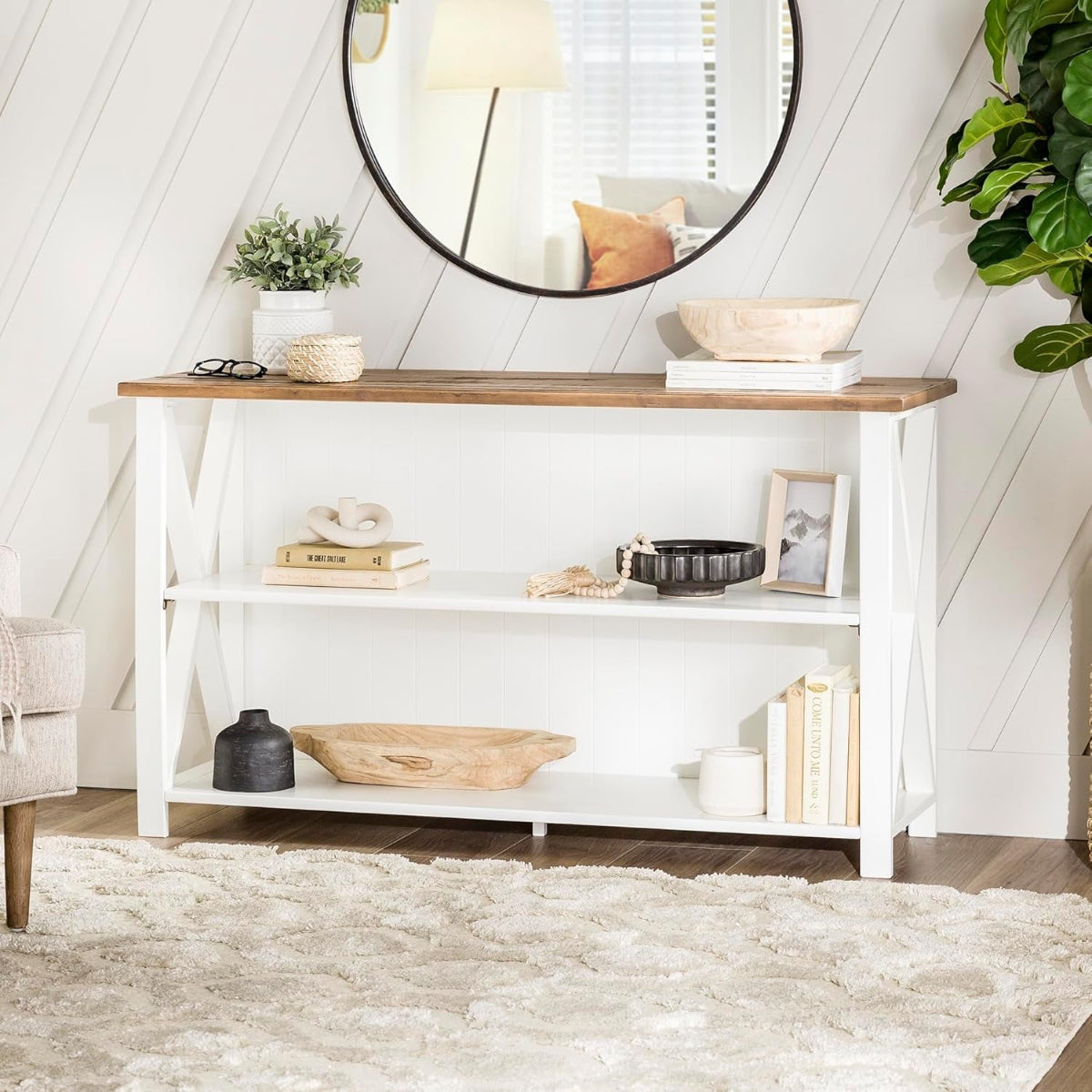 52 Inch White 2 Tier Modern Farmhouse Wood Bookcase Bookshelf for Home