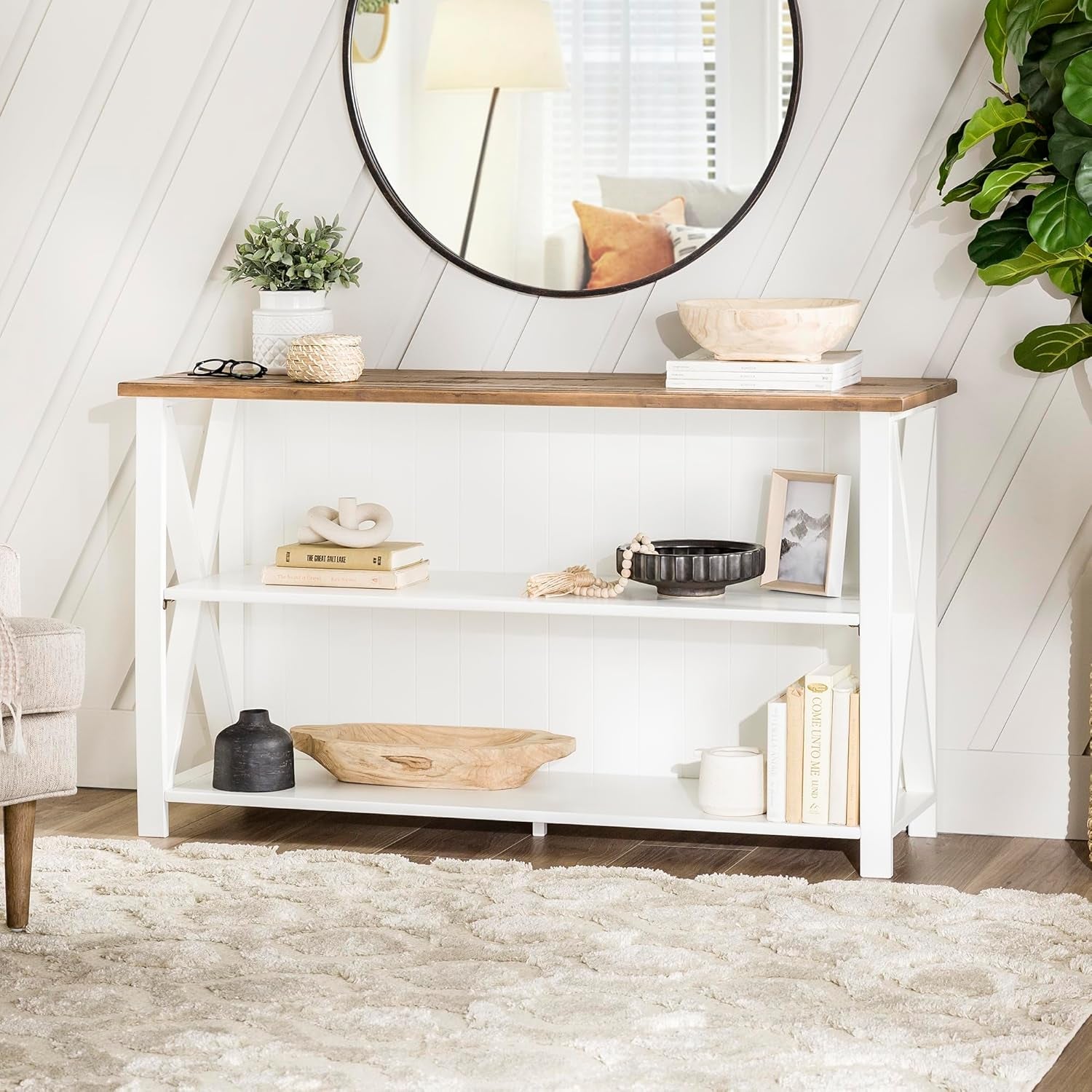 52 Inch White 2 Tier Modern Farmhouse Wood Bookcase Bookshelf for Home