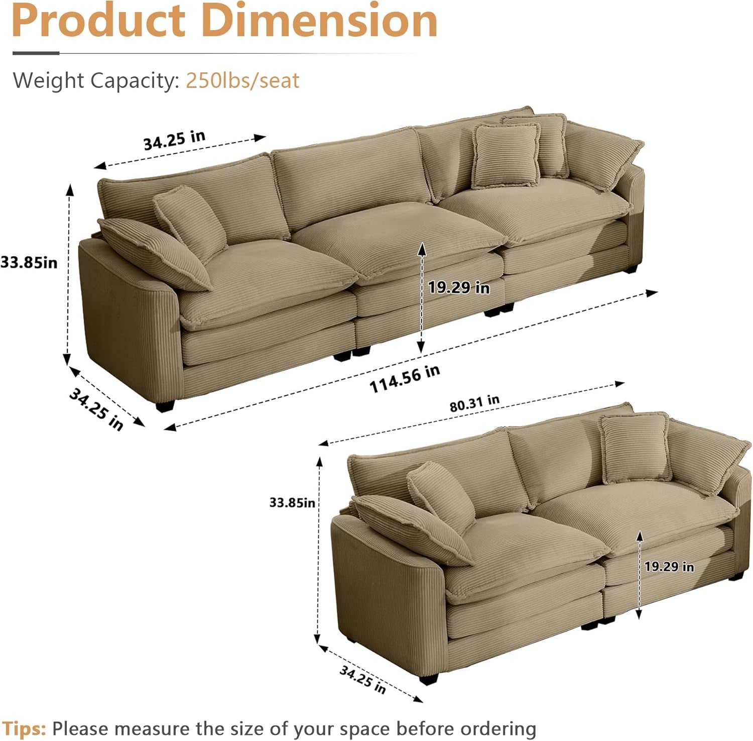 Beige sectional sofa with dimensions labeled on a white background