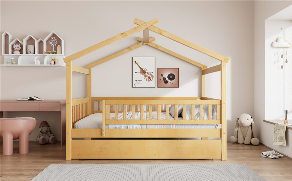 Full Size Wooden House Bed with Twin Size Trundle