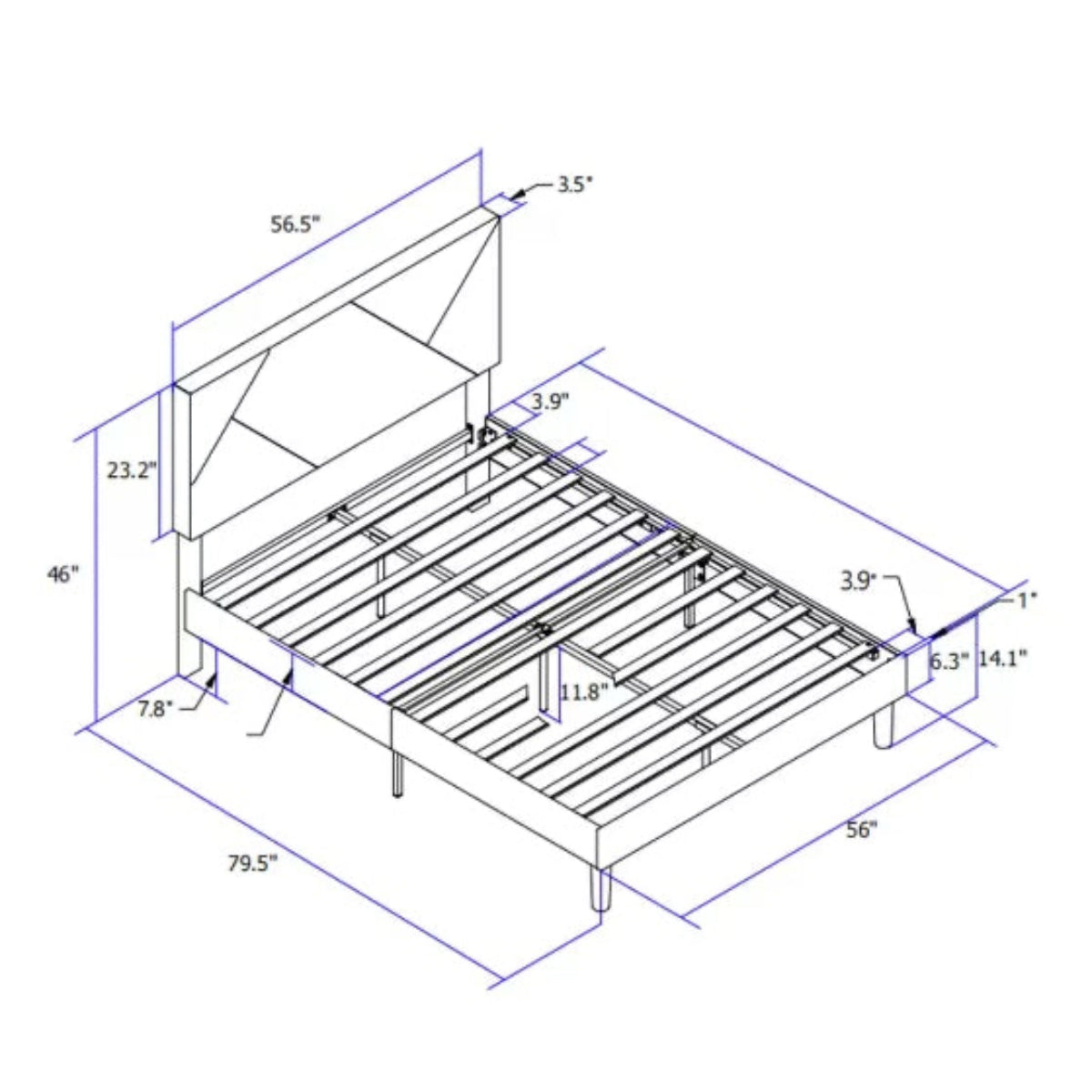 Technical drawing of a bed frame with dimensions
