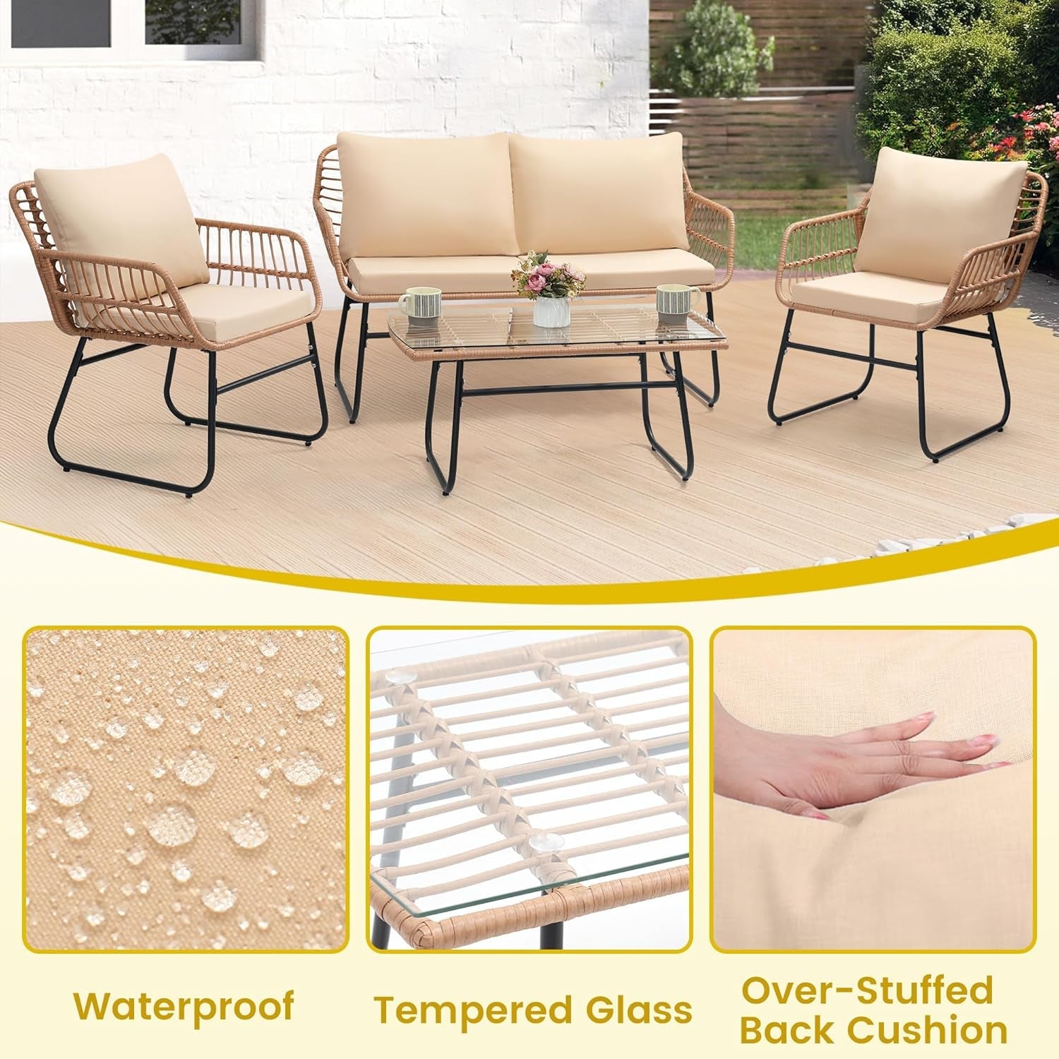 Outdoor furniture set with cushions, table, and additional features highlighted.